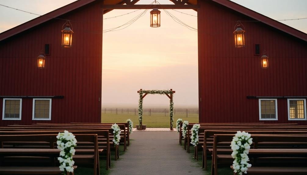 sunrise over rustic barns